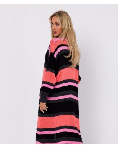 Cardigan dama midi, din acryl, negru cu dungi corai, Fatime Cardigan dama midi, din acryl, negru cu dungi corai, Fatime - jojofashion.ro