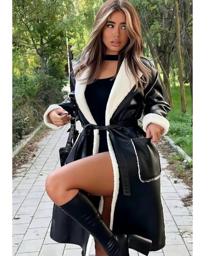Palton dama midi, stil cojoc, imitaie piele, negru, cu blana alba, Belleza Paltoane dama, Palton dama midi, stil cojoc, imitaie piele, negru, cu blana alba, Belleza - jojofashion.ro