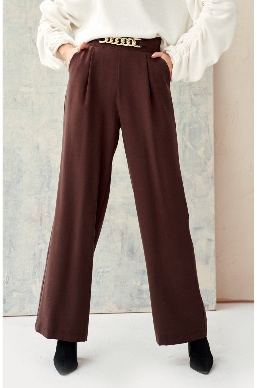 Pantaloni dama eleganti, evazati, maro, vascoza, cu talia inalta, Cynane 1 - jojofashion.ro