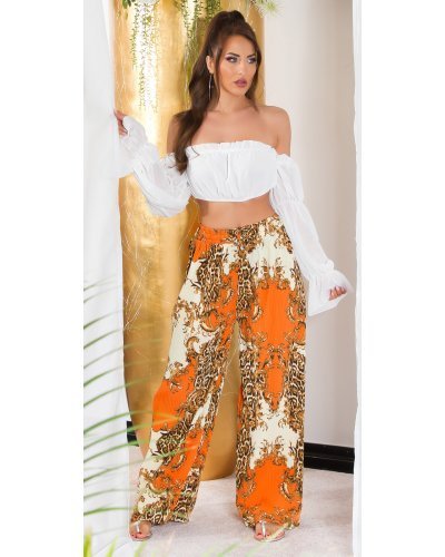 Pantaloni dama, Pantaloni dama evazati largi, de vara, orange, animal print, Amira - jojofashion.ro