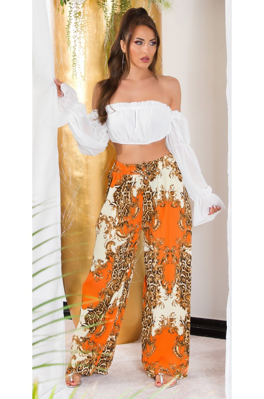 Pantaloni dama evazati largi, de vara, orange, animal print, Amira 2 - jojofashion.ro