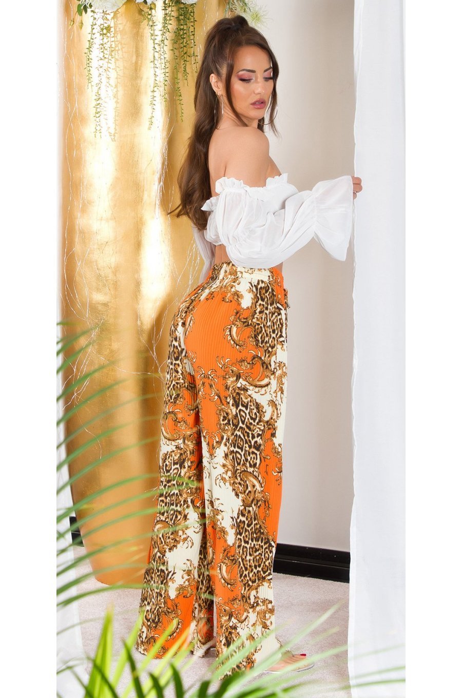 Pantaloni dama evazati largi, de vara, orange, animal print, Amira 3 - jojofashion.ro