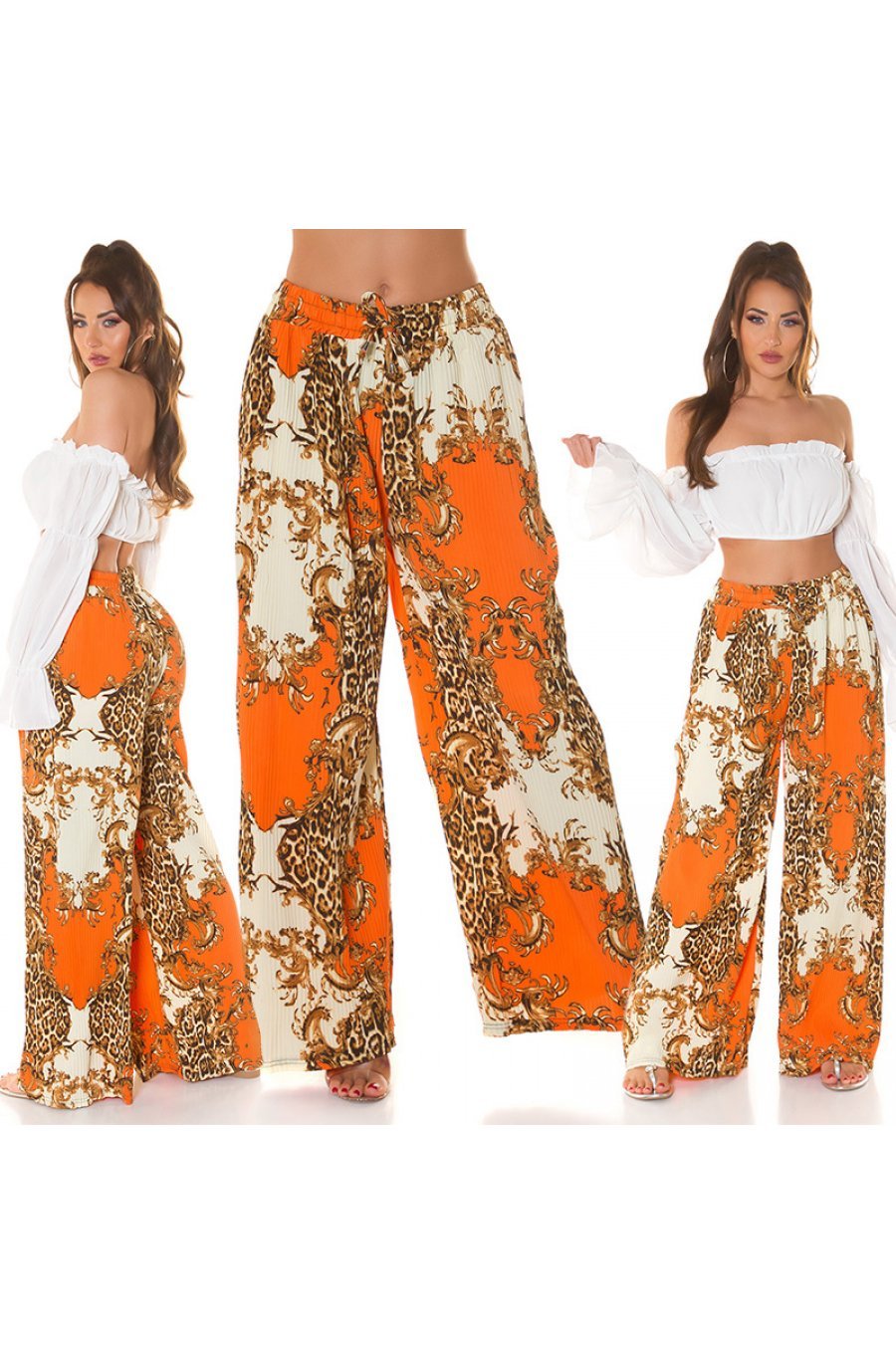 Pantaloni dama evazati largi, de vara, orange, animal print, Amira 5 - jojofashion.ro