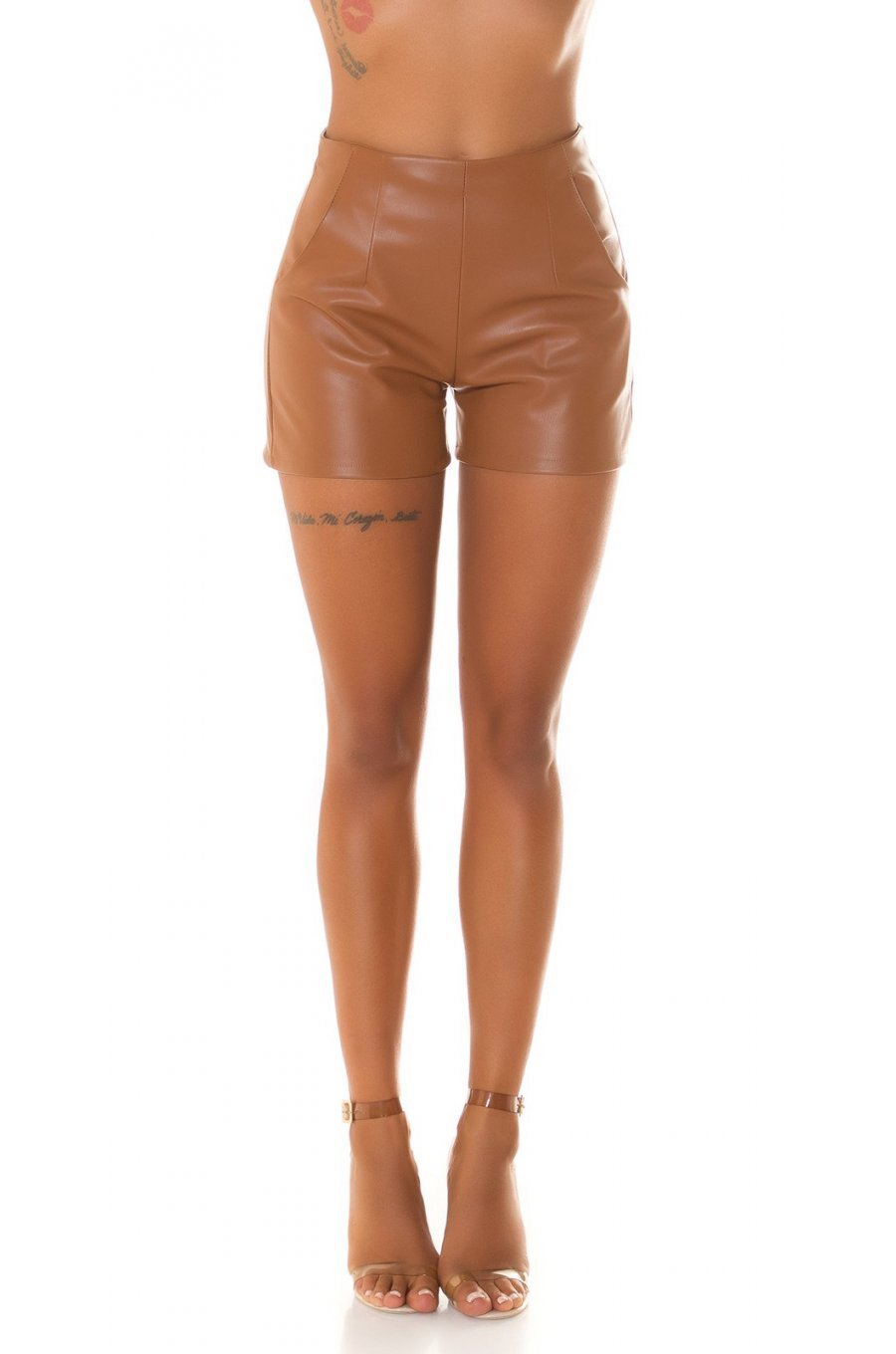 Pantaloni dama, scurti, maro, piele eco, cu talia inalta, Beltaine 1 - jojofashion.ro