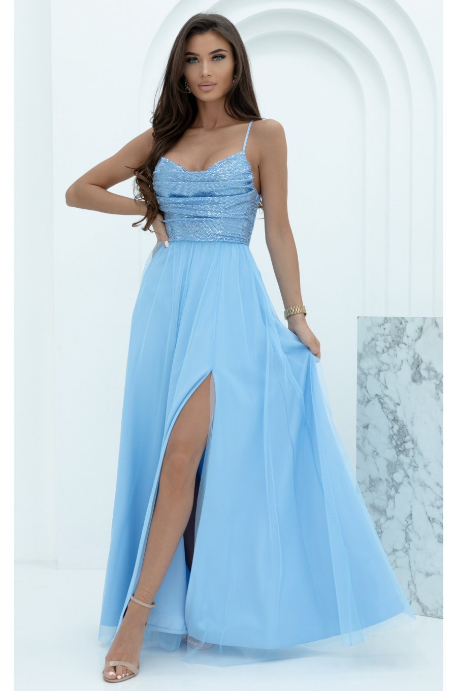 Rochie de banchet lunga, din tulle si paiete, bleu, cu bustul tip corset si umerii goi, Bella 1 - jojofashion.ro