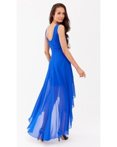 Rochie lunga albastra din voal asimetrica vaporoasa si petrecuta Fiona Rochii de nasa, Rochie lunga albastra din voal asimetrica vaporoasa si petrecuta Fiona - jojofashion.ro