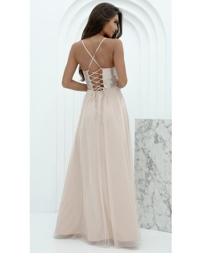 Rochie lunga din tulle si paiete bej cu bustul tip corset si umerii goi Bella Rochii lungi, Rochie lunga din tulle si paiete bej cu bustul tip corset si umerii goi Bella - jojofashion.ro