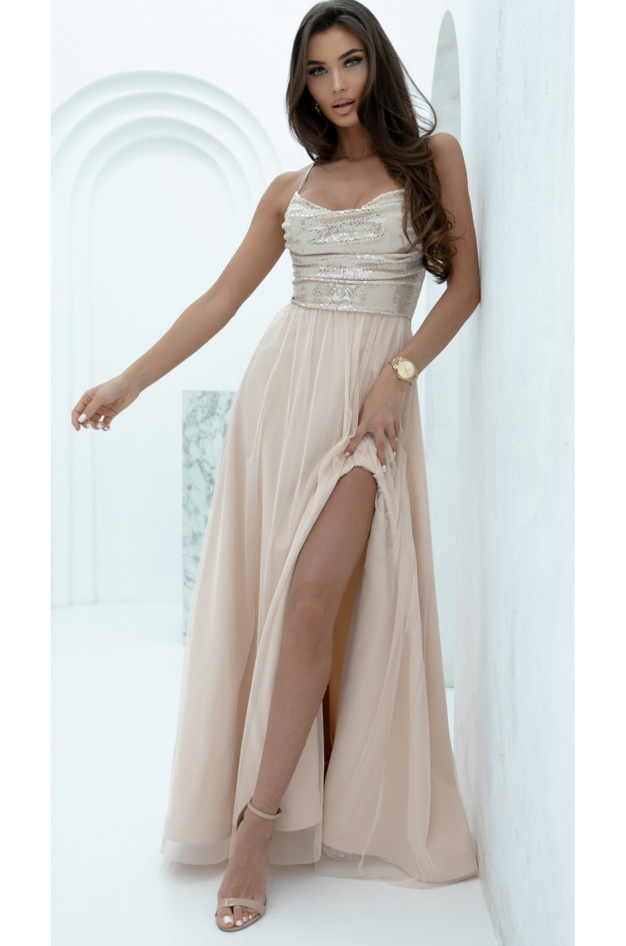 Rochie lunga din tulle si paiete bej cu bustul tip corset si umerii goi Bella 4 - jojofashion.ro