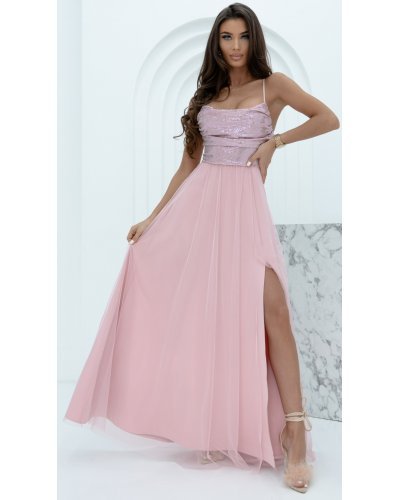 Rochie de ocazie lunga roz pal din tulle si paiete cu bustul tip corset si umerii goi Bella Rochii lungi, Rochie de ocazie lunga roz pal din tulle si paiete cu bustul tip corset si umerii goi Bella - jojofashion.ro