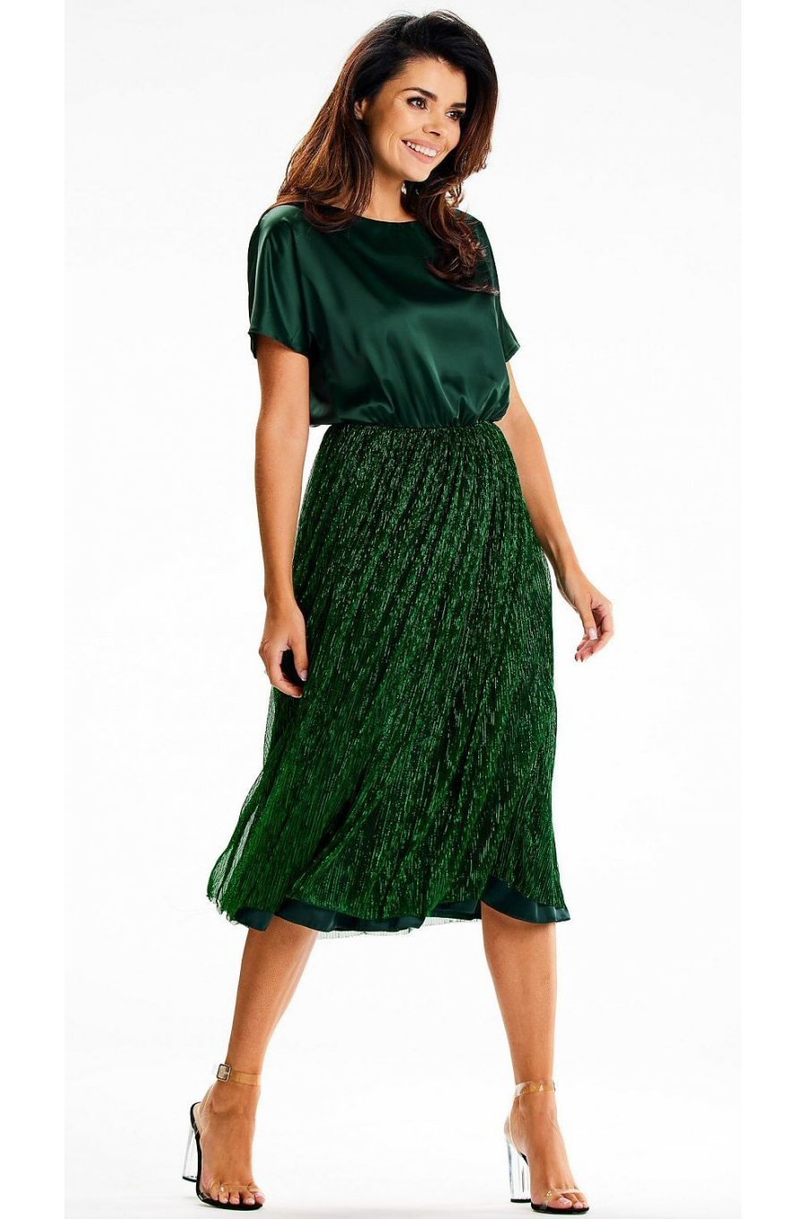 Rochie de ocazie midi, din satin si glitter, verde smarald, DorianeY 1 - jojofashion.ro