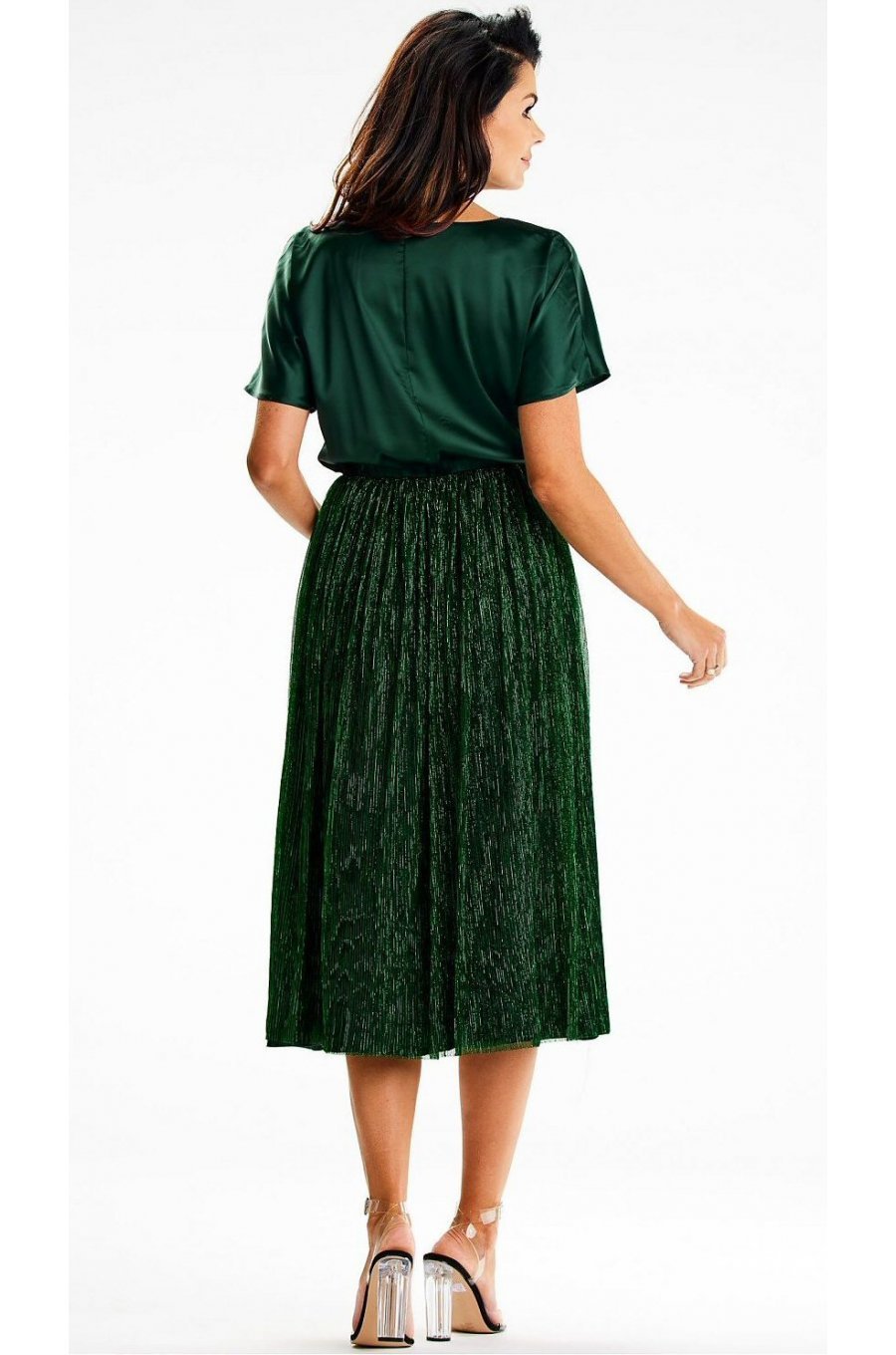 Rochie de ocazie midi, din satin si glitter, verde smarald, DorianeY 2 - jojofashion.ro