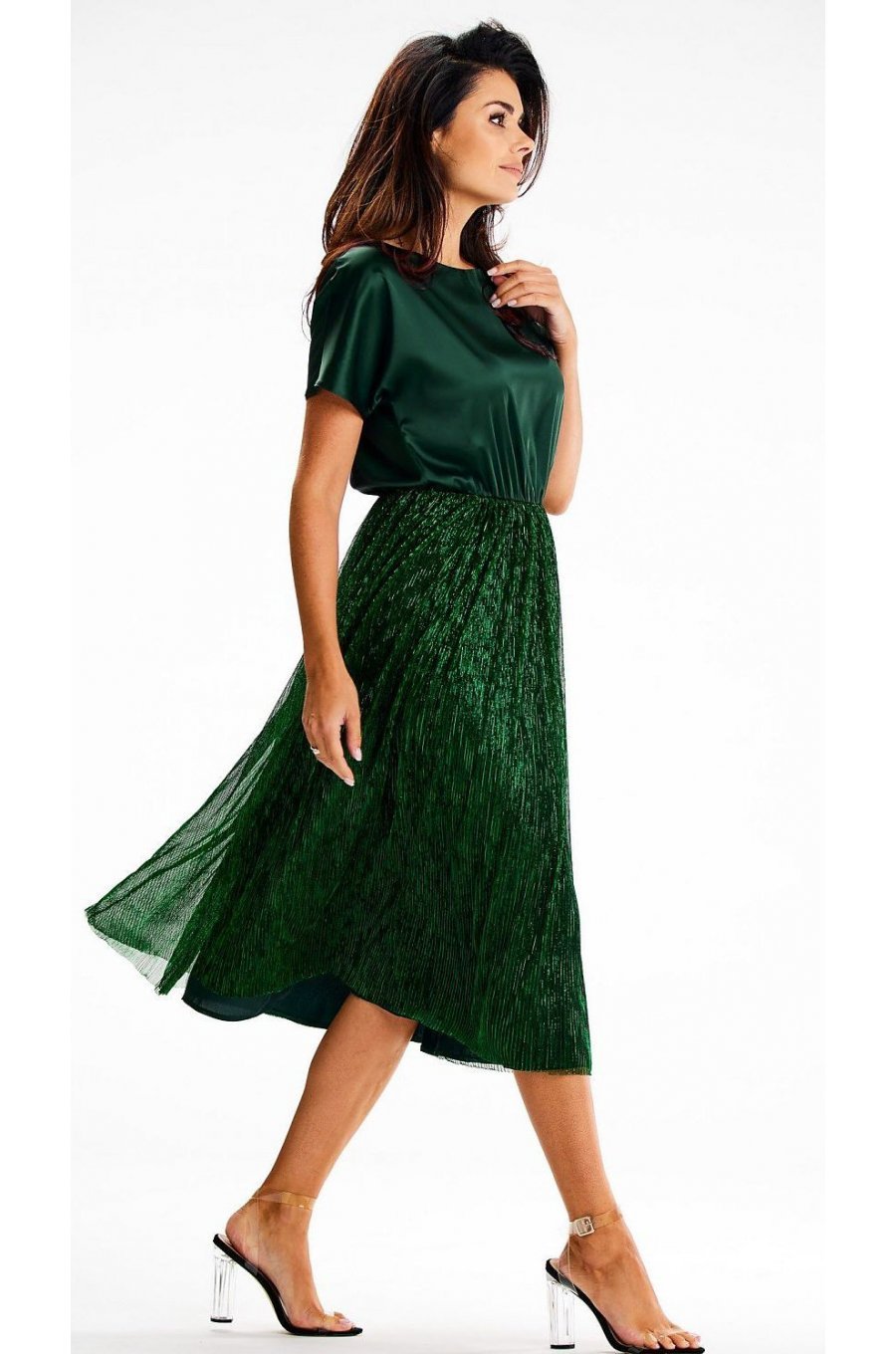 Rochie de ocazie midi, din satin si glitter, verde smarald, DorianeY 3 - jojofashion.ro