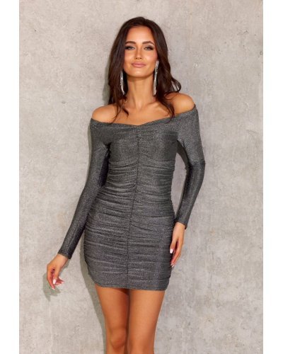 Rochie scurta mulata din lurex argintie cu maneca lunga si umeri goi Yssa Rochii scurte, Rochie scurta mulata din lurex argintie cu maneca lunga si umeri goi Yssa - jojofashion.ro