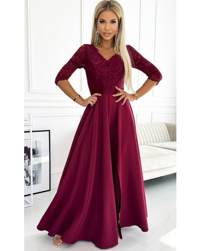Rochie eleganta lunga din dantela burgundy cu maneca Allegria Rochii, Rochie eleganta lunga din dantela burgundy cu maneca Allegria - jojofashion.ro