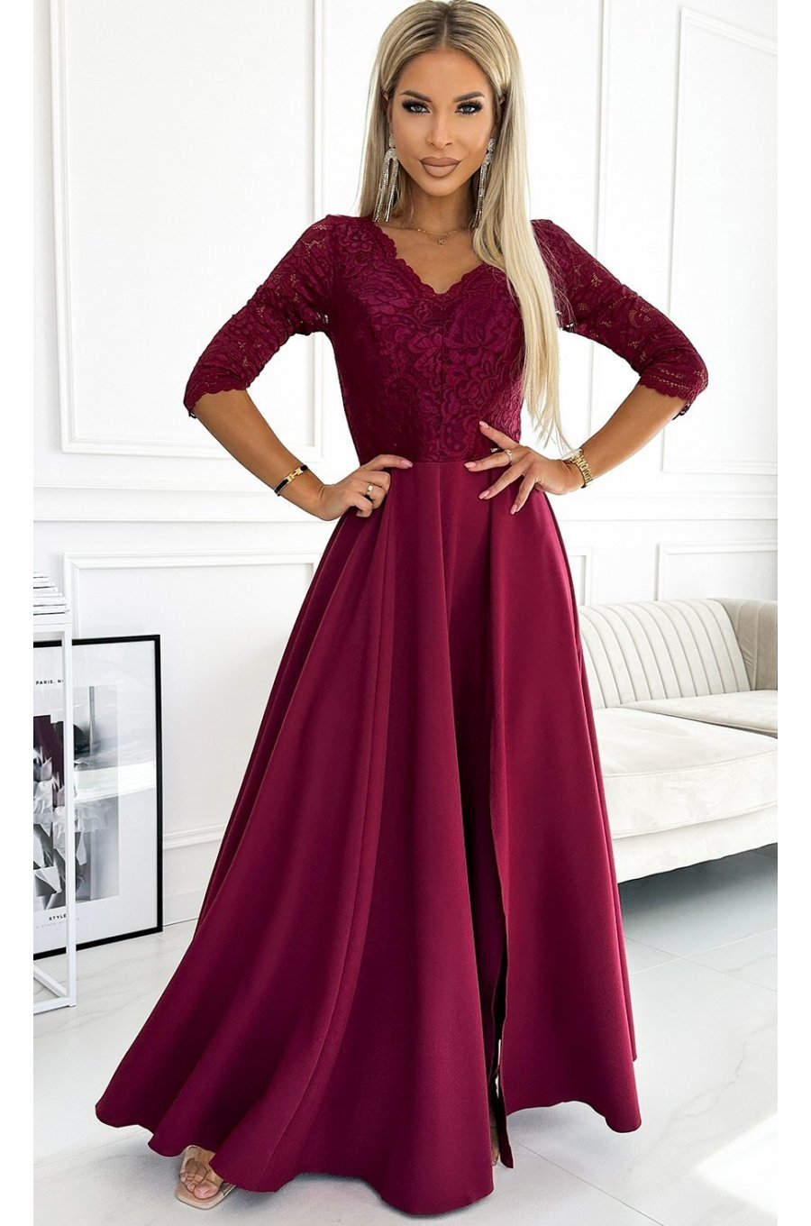 Rochie eleganta lunga din dantela burgundy cu maneca Allegria 1 - jojofashion.ro