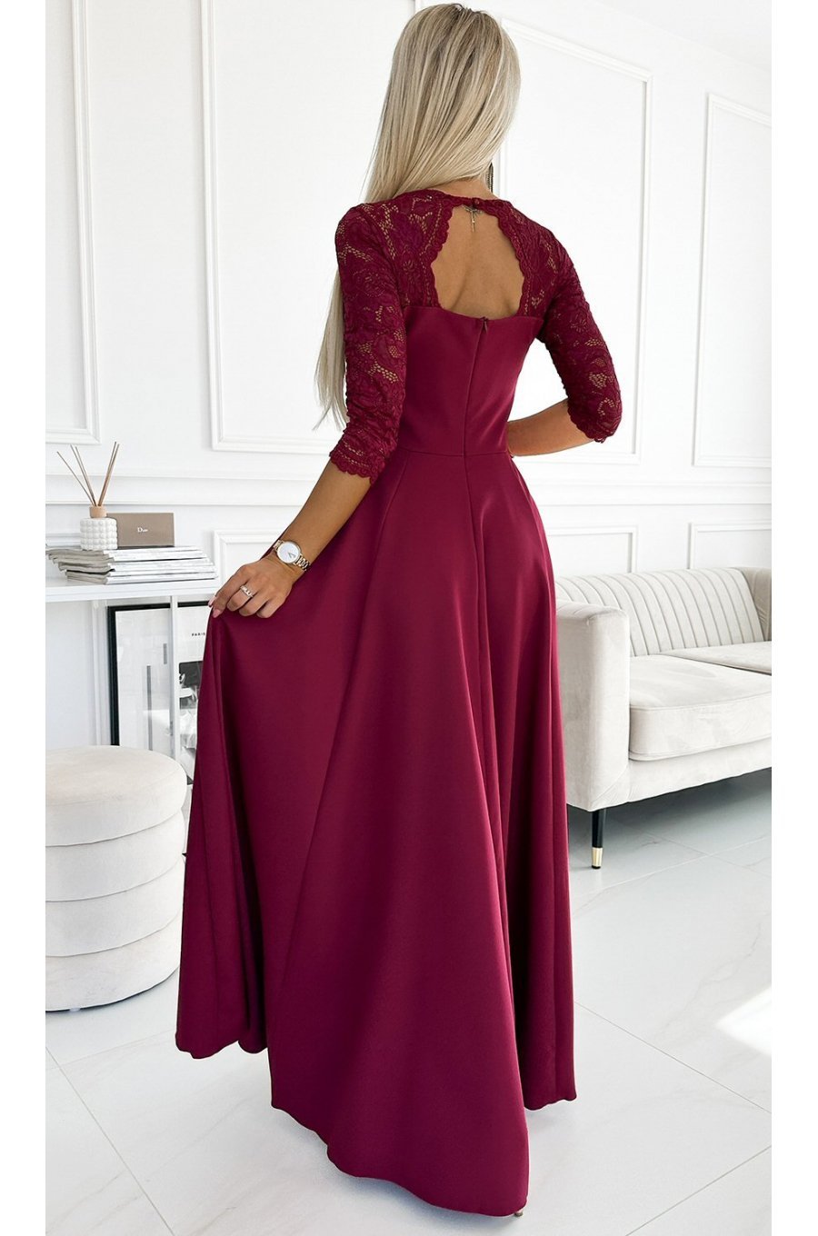 Rochie eleganta lunga din dantela burgundy cu maneca Allegria 2 - jojofashion.ro