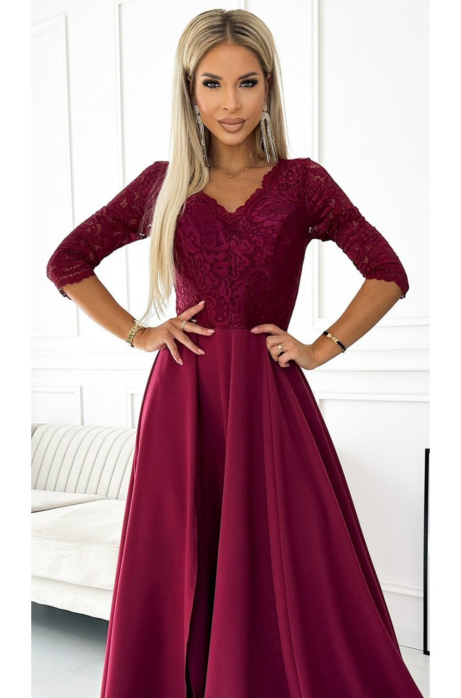 Rochie eleganta lunga din dantela burgundy cu maneca Allegria 4 - jojofashion.ro