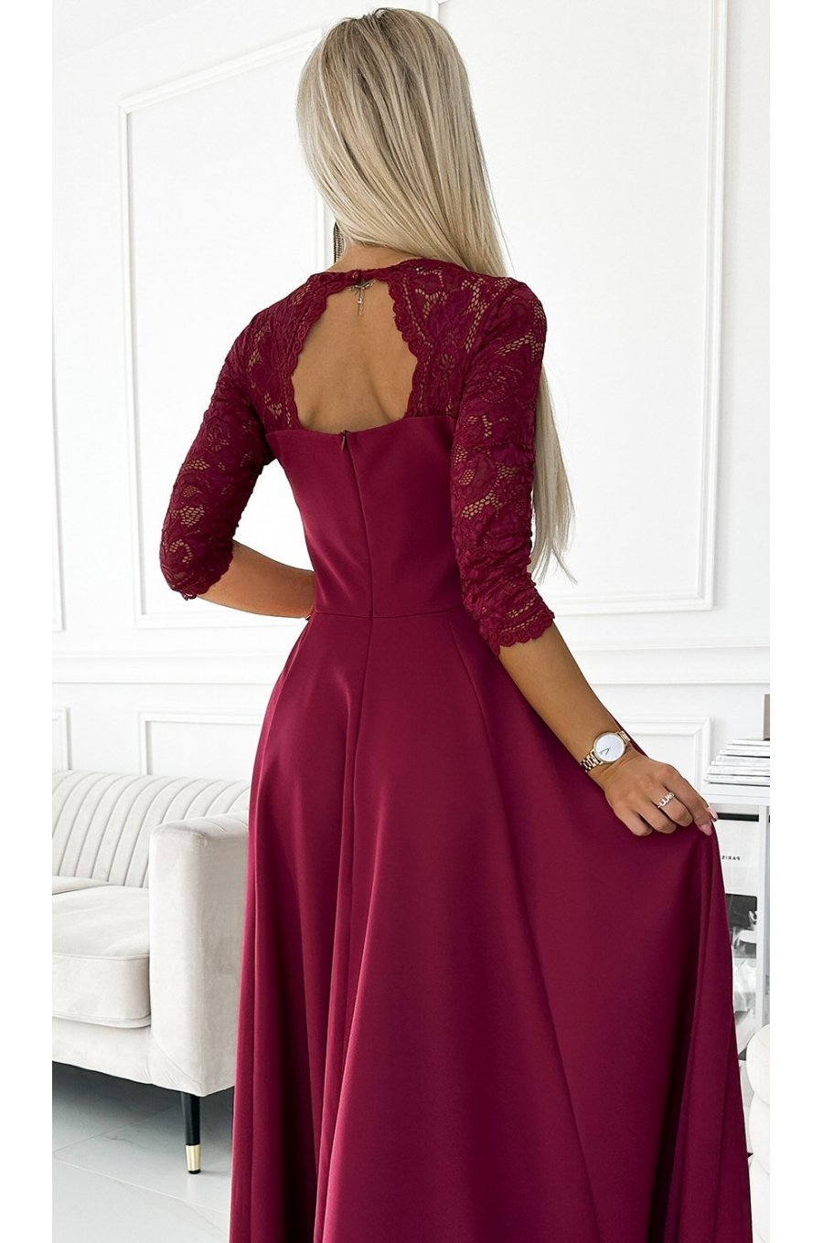 Rochie eleganta lunga din dantela burgundy cu maneca Allegria 5 - jojofashion.ro