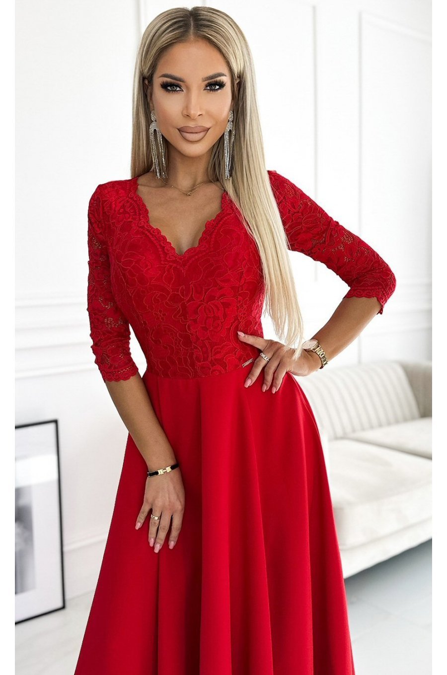 Rochie de seara eleganta rosie cu dantela cu maneca lunga Allegria 4 - jojofashion.ro