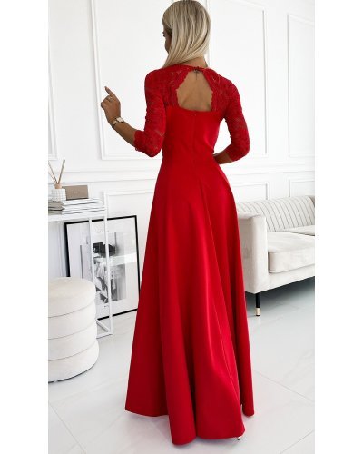 Rochie de seara eleganta rosie cu dantela cu maneca lunga Allegria Rochii lungi, Rochie de seara eleganta rosie cu dantela cu maneca lunga Allegria - jojofashion.ro