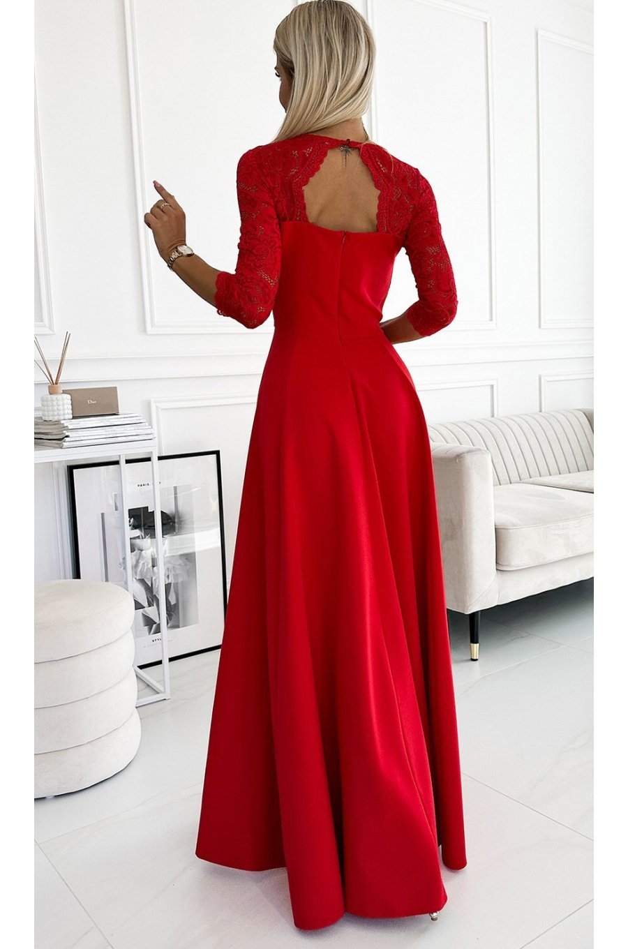 Rochie de seara eleganta rosie cu dantela cu maneca lunga Allegria 2 - jojofashion.ro