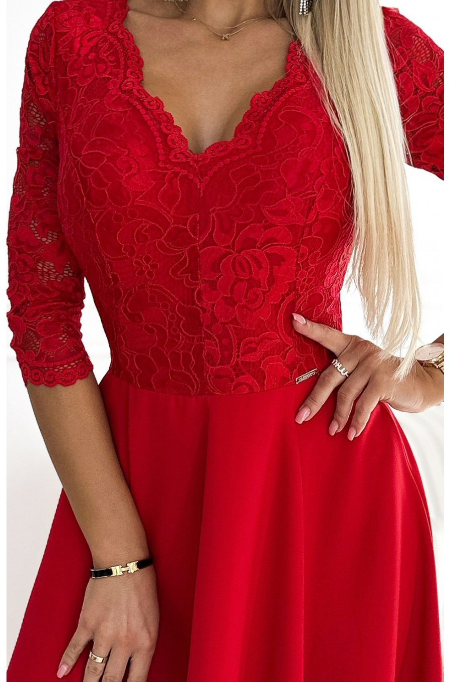 Rochie de seara eleganta rosie cu dantela cu maneca lunga Allegria 3 - jojofashion.ro