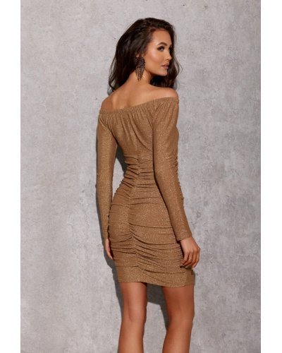 Rochie scurta aurie mulata din lurex cu maneca lunga si umerii goi Yssa Rochii scurte, Rochie scurta aurie mulata din lurex cu maneca lunga si umerii goi Yssa - jojofashion.ro