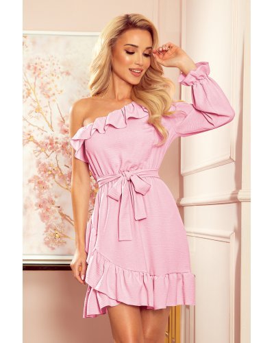 Rochie roz pal scurta cu volane Demira Rochii cununie civila, Rochie roz pal scurta cu volane Demira - jojofashion.ro