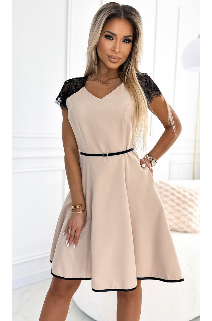 Rochie de zi scurta, bej, in clos, cu maneca scurta din dantela neagra si curea, Sadira 1 - jojofashion.ro