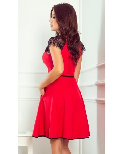 Rochie rosie scurta in clos cu maneca scurta din dantela neagra si curea Sadira Rochii scurte, Rochie rosie scurta in clos cu maneca scurta din dantela neagra si curea Sadira - jojofashion.ro