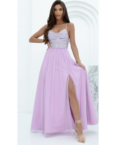 Rochie domnisoare de onoare lunga, din tulle si paiete, lila, cu bustul tip corset si umerii goi, Bella Rochii lungi, Rochie domnisoare de onoare lunga, din tulle si paiete, lila, cu bustul tip corset si umerii goi, Bella - jojofashion.ro