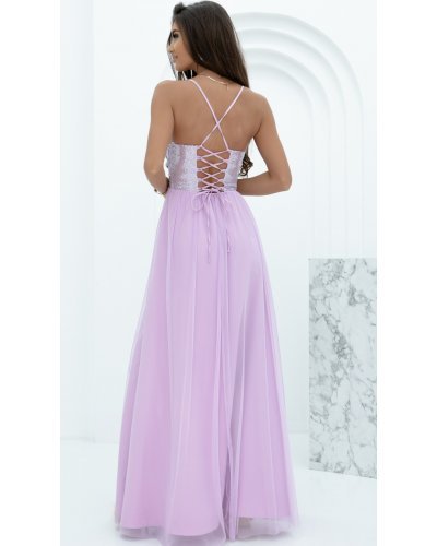 Rochie domnisoare de onoare lunga, din tulle si paiete, lila, cu bustul tip corset si umerii goi, Bella Rochii lungi, Rochie domnisoare de onoare lunga, din tulle si paiete, lila, cu bustul tip corset si umerii goi, Bella - jojofashion.ro