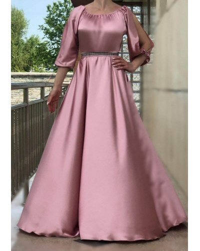 Rochie eleganta de ocazie lunga, din satin, roz pal, cu maneca lunga, vaporoasa, Larisa  Rochii lungi, Rochie eleganta de ocazie lunga, din satin, roz pal, cu maneca lunga, vaporoasa, Larisa  - jojofashion.ro