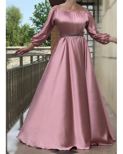 Rochie eleganta de ocazie lunga, din satin, roz pal, cu maneca lunga, vaporoasa, Larisa  Rochii lungi, Rochie eleganta de ocazie lunga, din satin, roz pal, cu maneca lunga, vaporoasa, Larisa  - jojofashion.ro