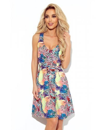 Rochie de vara albastra midi cu print colorat croi in A Deyana Rochii vaporoase, Rochie de vara albastra midi cu print colorat croi in A Deyana - jojofashion.ro