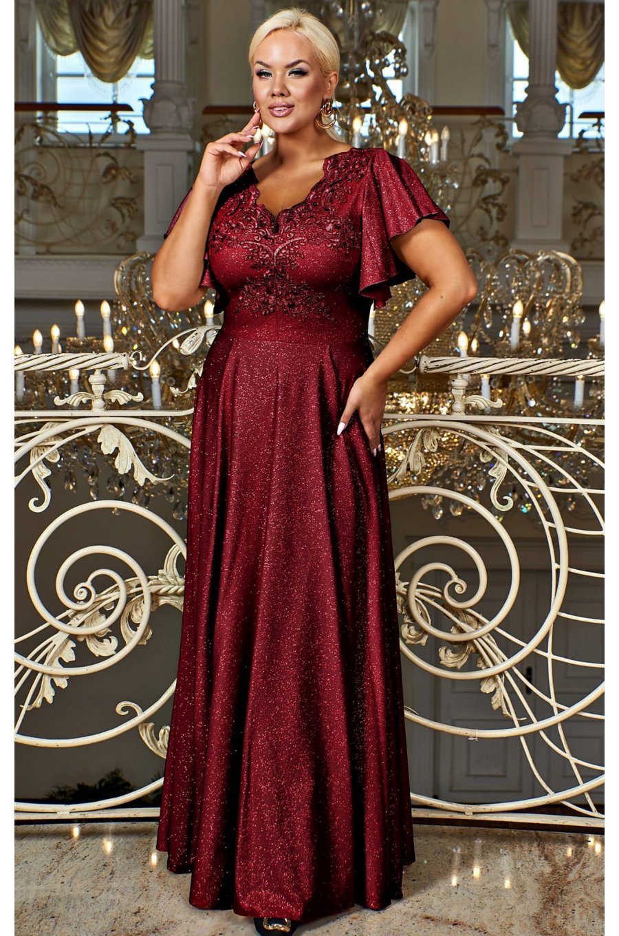 Rochie eleganta in marimi mari de seara lunga brocard si dantela burgundy Magnifique 1 - jojofashion.ro