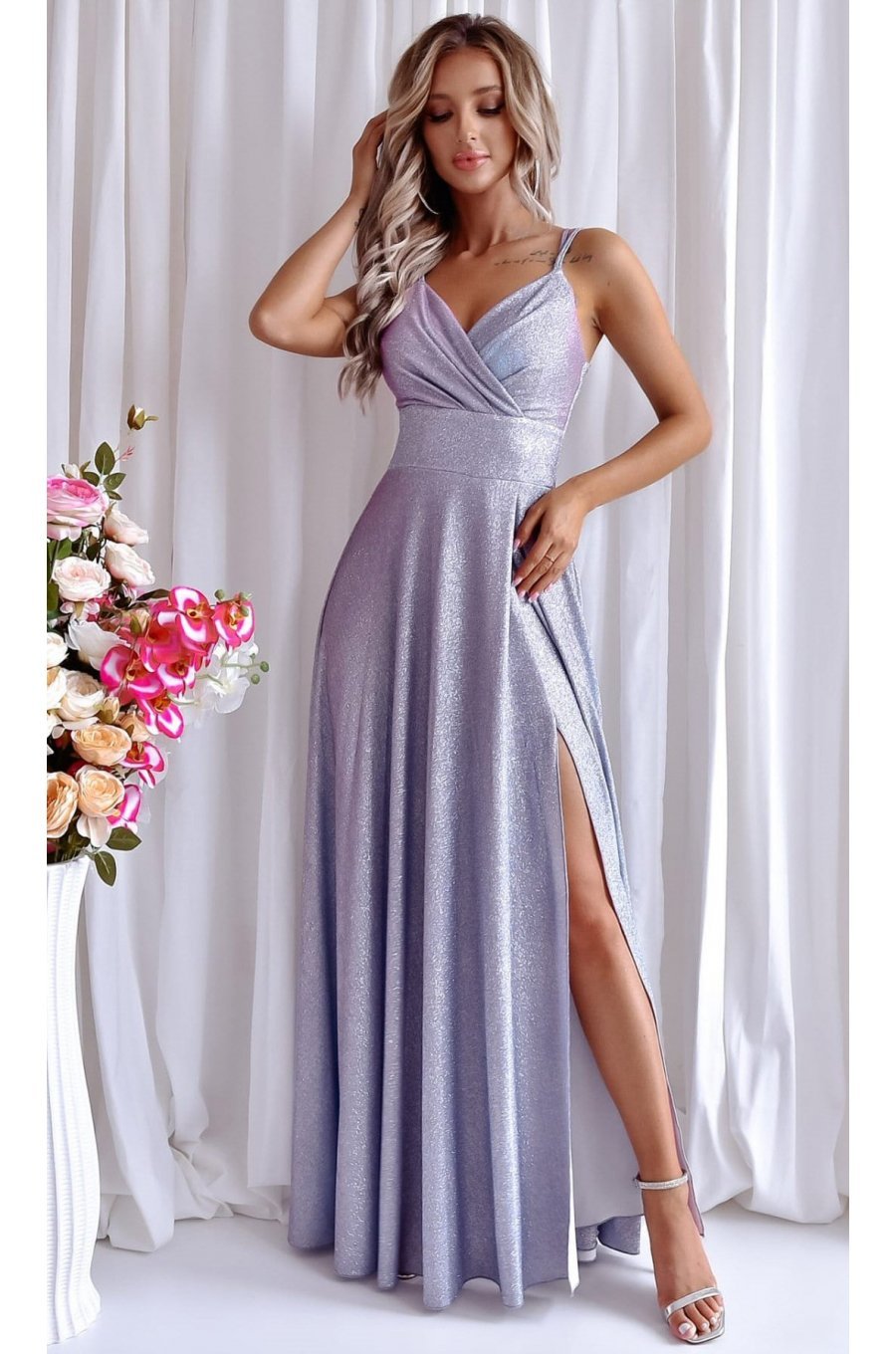 Rochie eleganta lunga, bumbac cu glitter baby blue cu reflexii roz, TifaniW 1 - jojofashion.ro