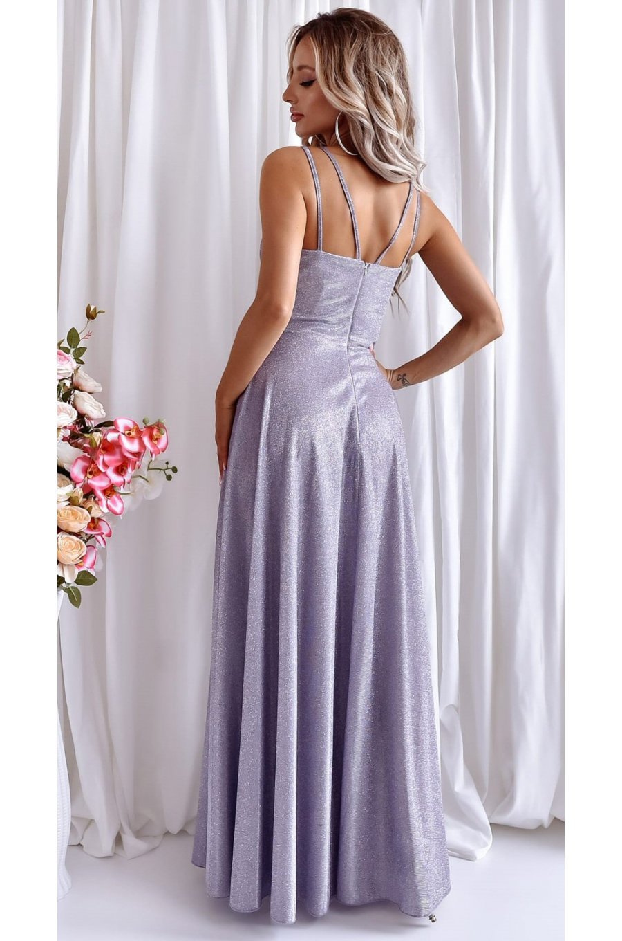 Rochie eleganta lunga, bumbac cu glitter baby blue cu reflexii roz, TifaniW 2 - jojofashion.ro