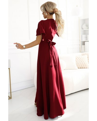 Rochie eleganta lunga burgundy vaporoasa petrecuta Kasandra Rochii lungi, Rochie eleganta lunga burgundy vaporoasa petrecuta Kasandra - jojofashion.ro