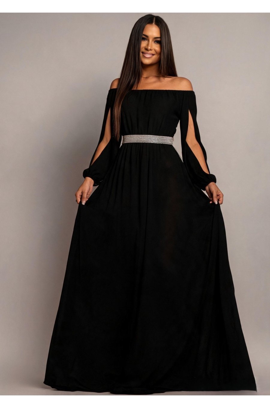 Rochie lunga neagra din voal vaporoasa Afrodita 1 - jojofashion.ro