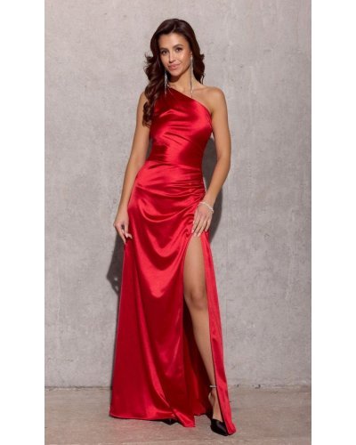 Rochie lunga rosie din satin cu un umar gol Inez Rochii satin, Rochie lunga rosie din satin cu un umar gol Inez - jojofashion.ro