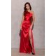 Rochie lunga rosie din satin cu un umar gol Inez 2 - jojofashion.ro