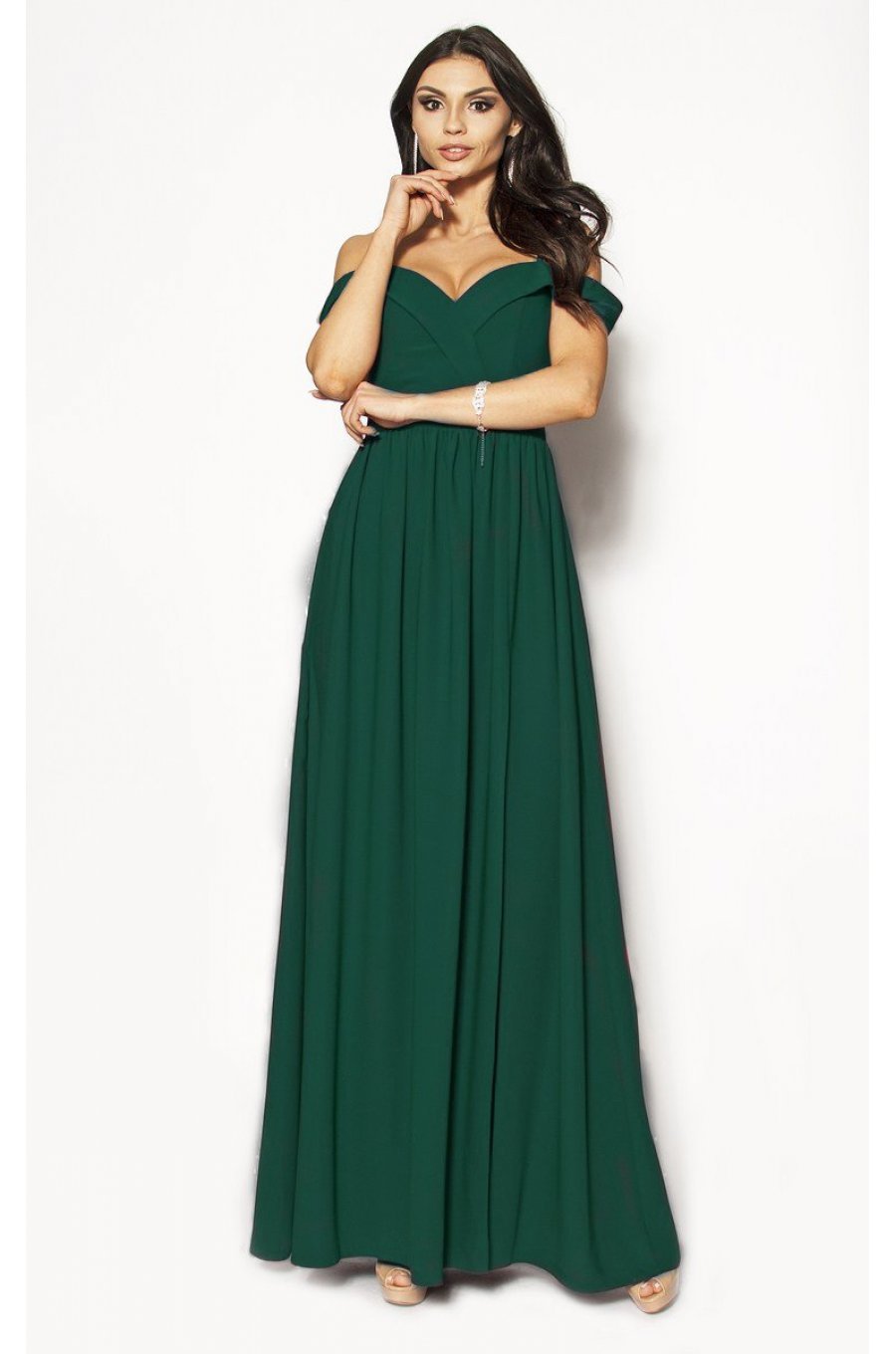 Rochie lunga verde cu umerii goi vaporoasa Kosmina 1 - jojofashion.ro