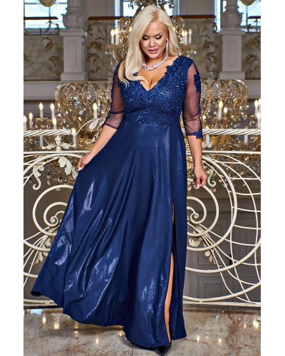 Rochie lunga eleganta in marimi mari din dantela si brocard bleumarin Adalyze Rochii lungi, Rochie lunga eleganta in marimi mari din dantela si brocard bleumarin Adalyze - jojofashion.ro