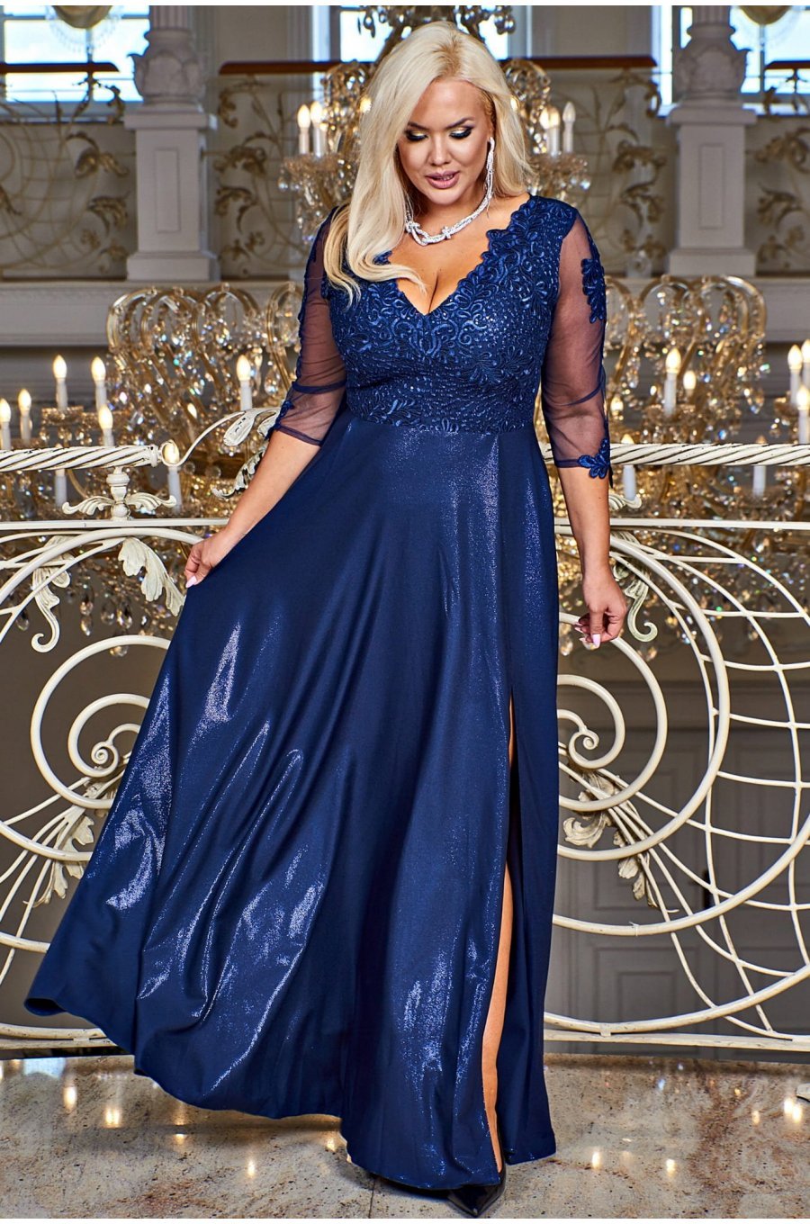 Rochie lunga eleganta in marimi mari din dantela si brocard bleumarin Adalyze 1 - jojofashion.ro