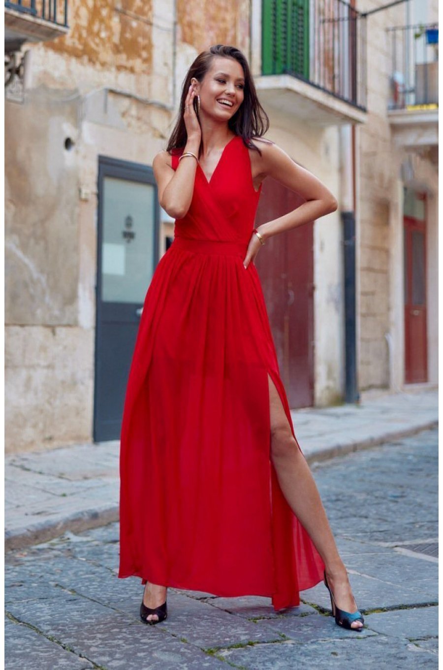 Rochie lunga rosie din voal, vaporoasa, Yurianne 1 - jojofashion.ro