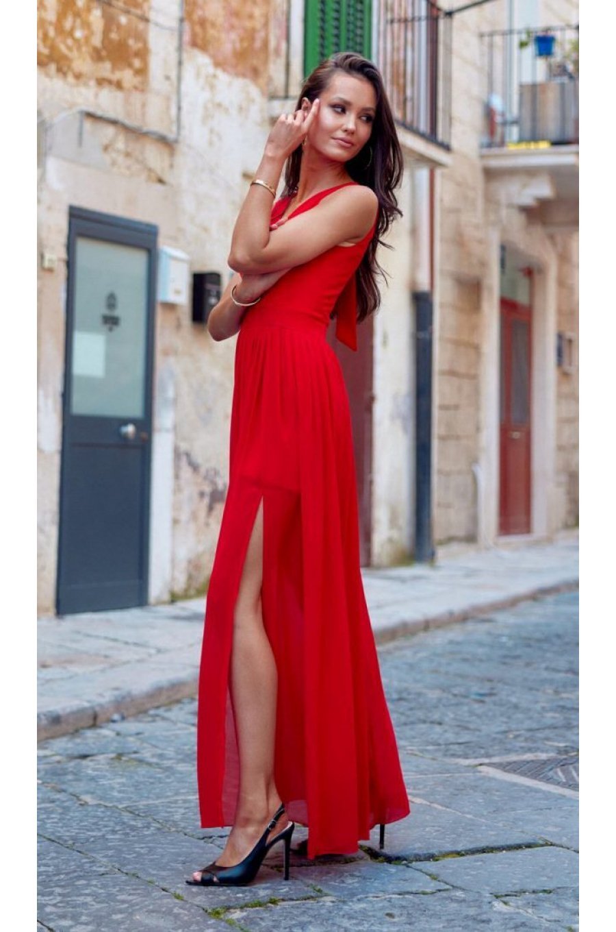 Rochie lunga rosie din voal, vaporoasa, Yurianne 3 - jojofashion.ro