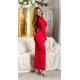 Rochie lunga, rosie, mulata, cu maneca lunga, crapata pe picior, Maddys 6 - jojofashion.ro