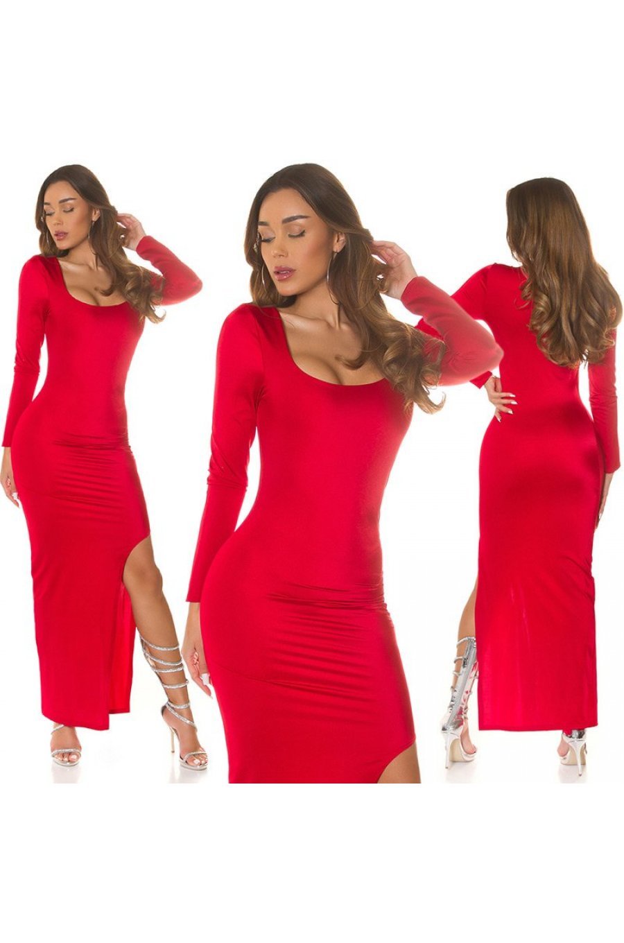 Rochie lunga, rosie, mulata, cu maneca lunga, crapata pe picior, Maddys 6 - jojofashion.ro