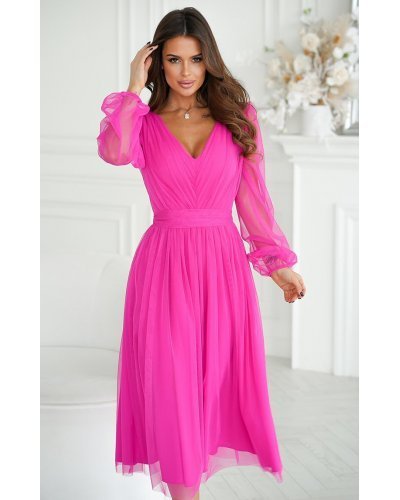 Rochie midi eleganta din tul cu glitter roz neon cu maneca lunga Petra Rochii midi, Rochie midi eleganta din tul cu glitter roz neon cu maneca lunga Petra - jojofashion.ro